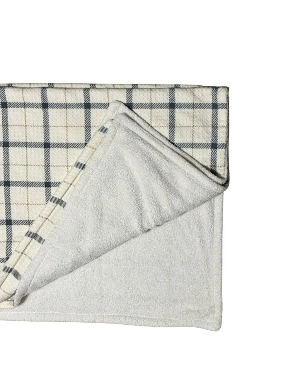 Cream Plaid Print Throw Blanket Reversible Ivory Side Accent Cover Light Damage